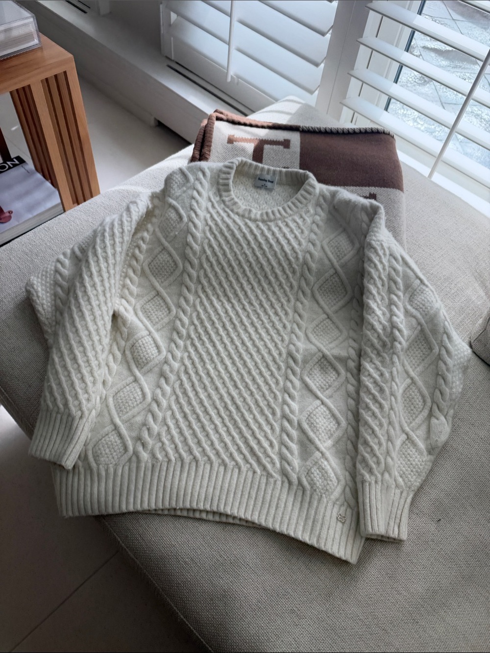 Sunday BestCream Cable-Knit Crewneck Sweater